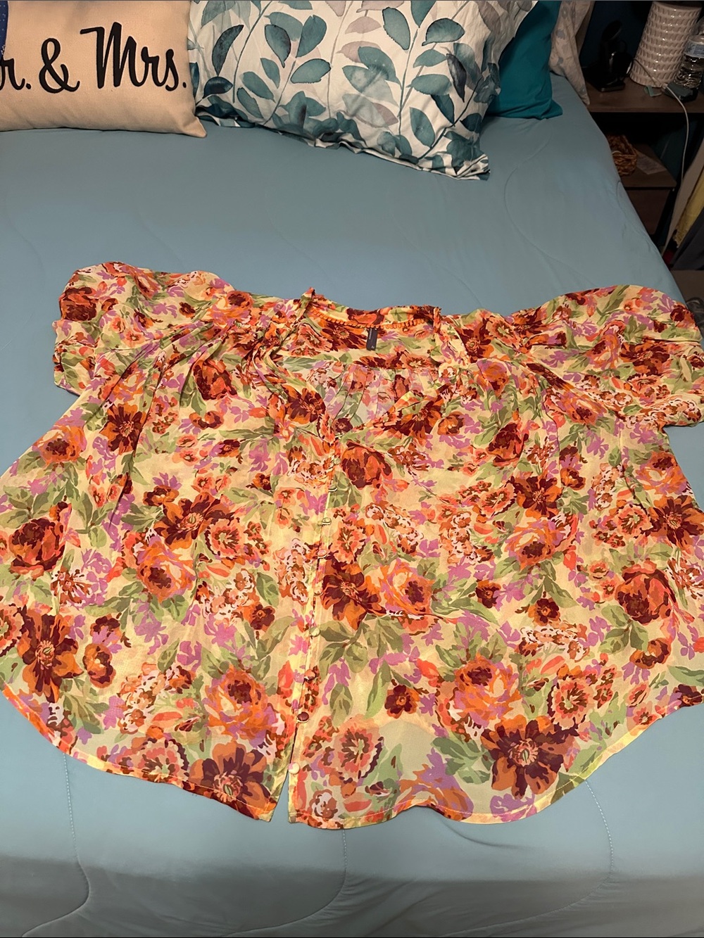 Anthropologie Floral Off-Shoulder Blouse in Cream, Orange, Green, Pink